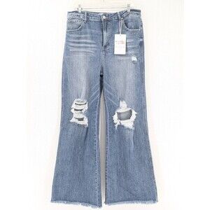 Freckled Poppy x Risen Raw Hem Wide Leg High Rise Light Wash Jeans 1XL 34x33